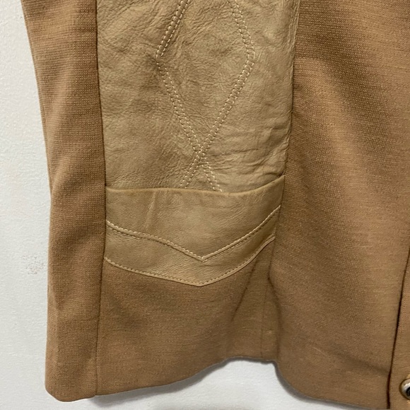 Vintage 70s Suede Knit Cardigan Sweater Patchwork Detail Camel Tan V-Neck M/L - Picture 8 of 15